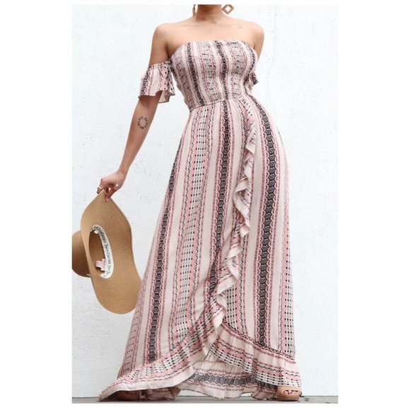 Boho Gypsy Peasant Smocked Off Shoulder Ruffle Maxi Dress Sundress - Picture 3 of 6